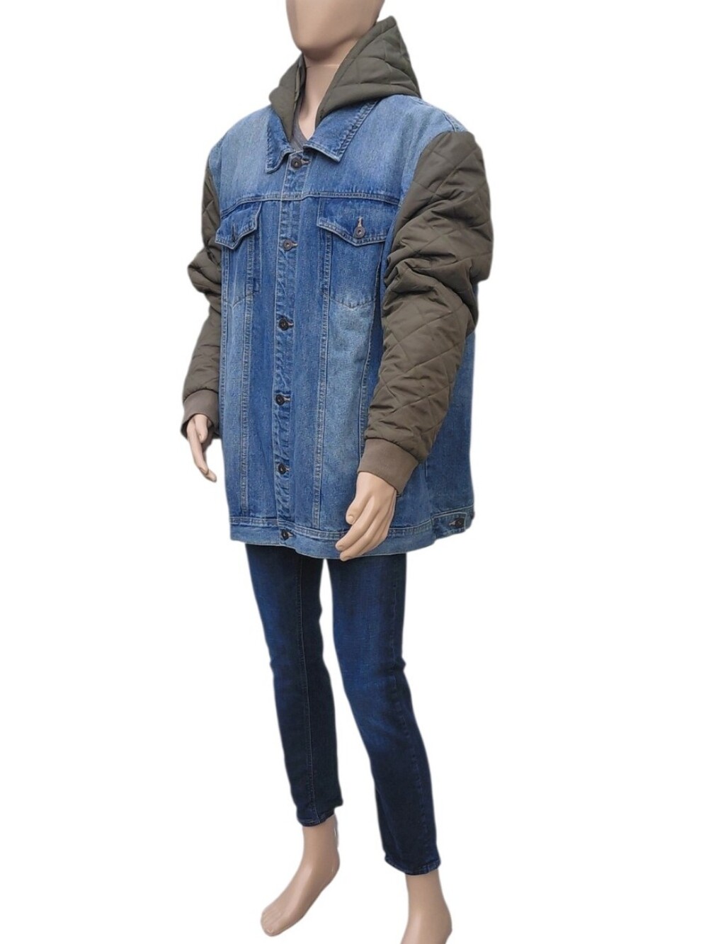 8401....Quilted Sleeve Denim Jacket with Olive Hood